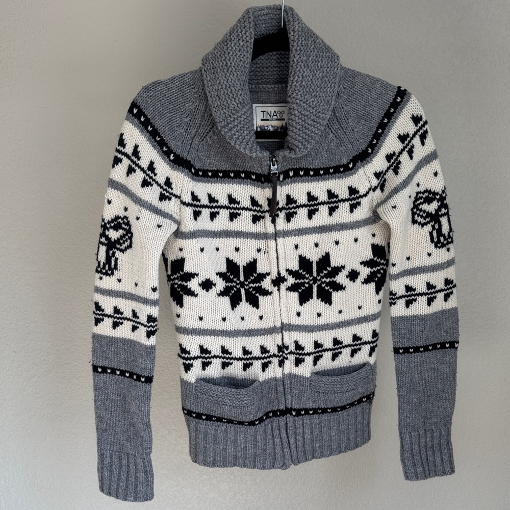 TNA Shawl Collar Fair Isle Zip-Up Cardigan - Gray & White